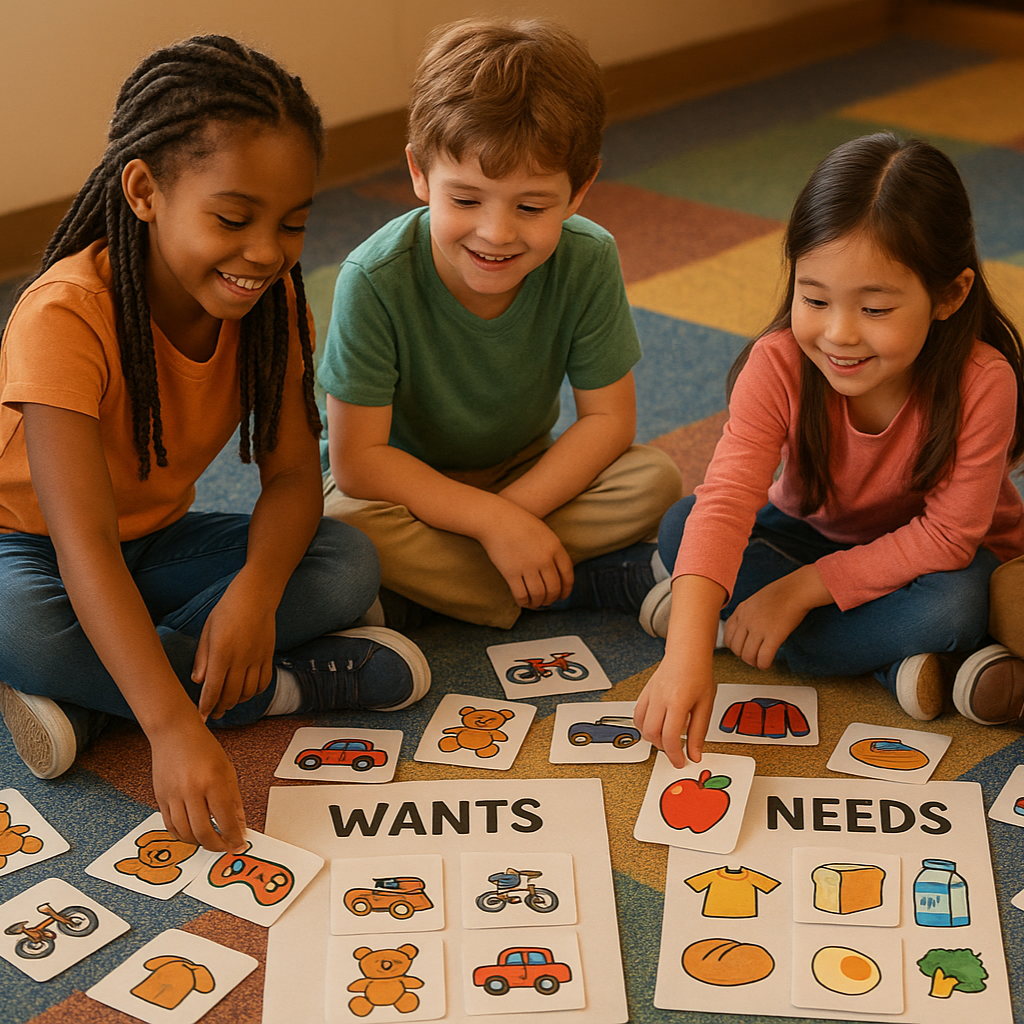 Kids sitting on the floor sorting colorful cards into “Wants” and “Needs” piles, showing playful images of toys, food, and clothes.